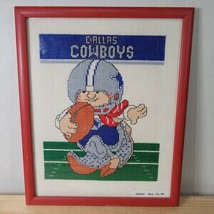 VINTAGE Handmade Dallas Cowboys Player Needle Point Framed (1998)